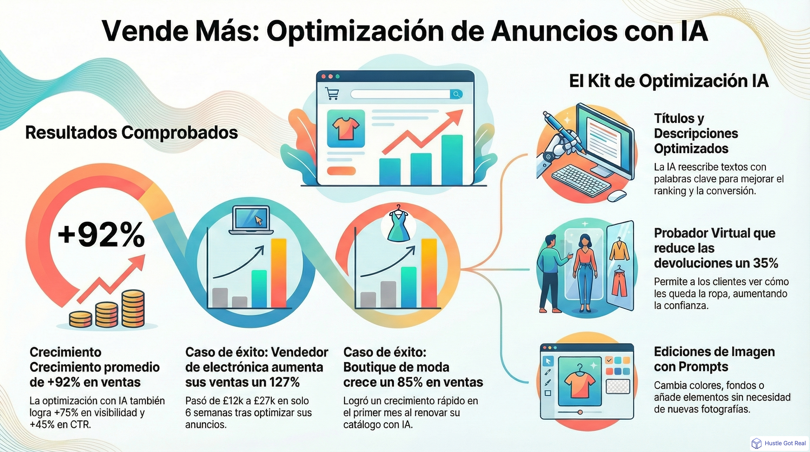 Optimización AI de anuncios: títulos, imágenes y probador virtual infographic