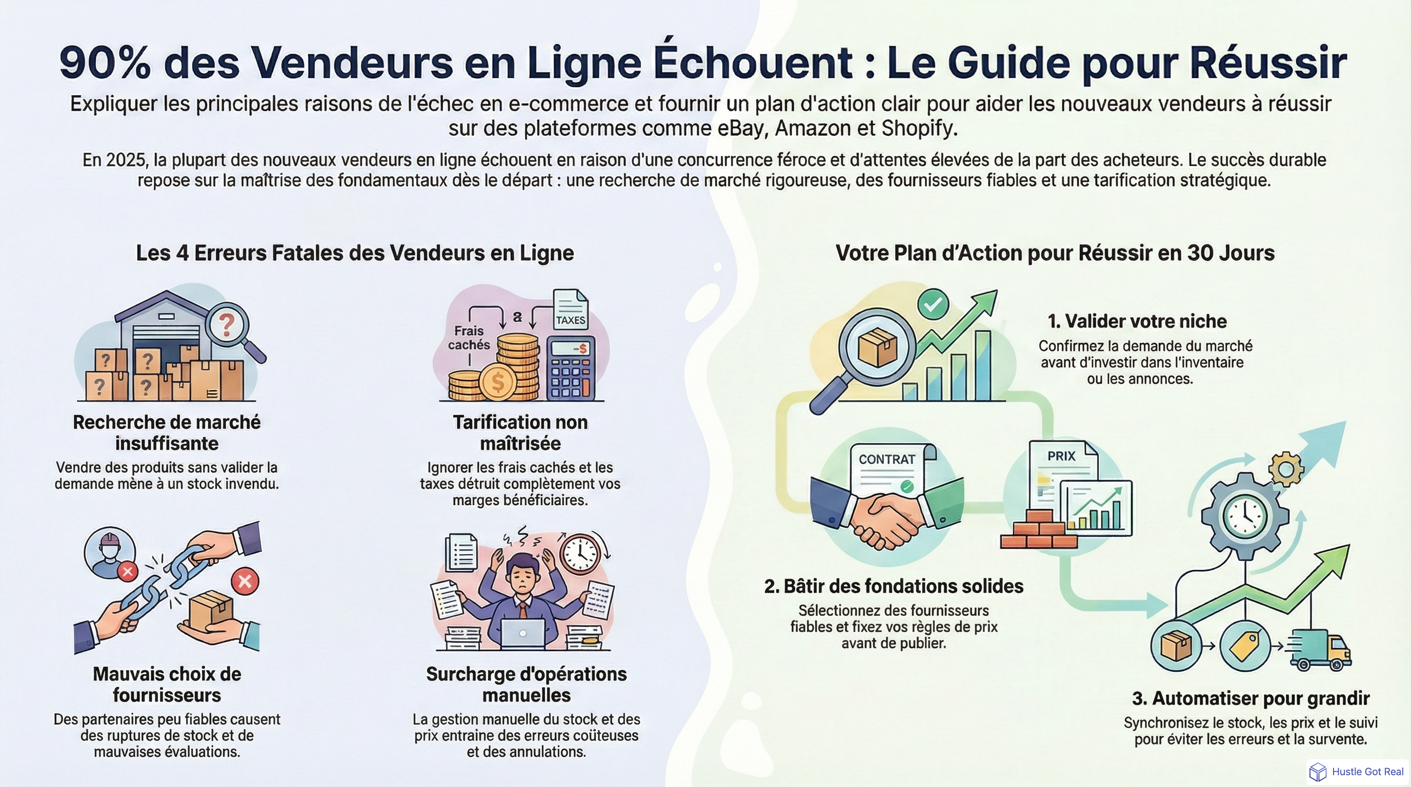 Pourquoi 90% des vendeurs en ligne echouent en 2025: raisons, solutions et plan d'action | Hustle Got Real infographic