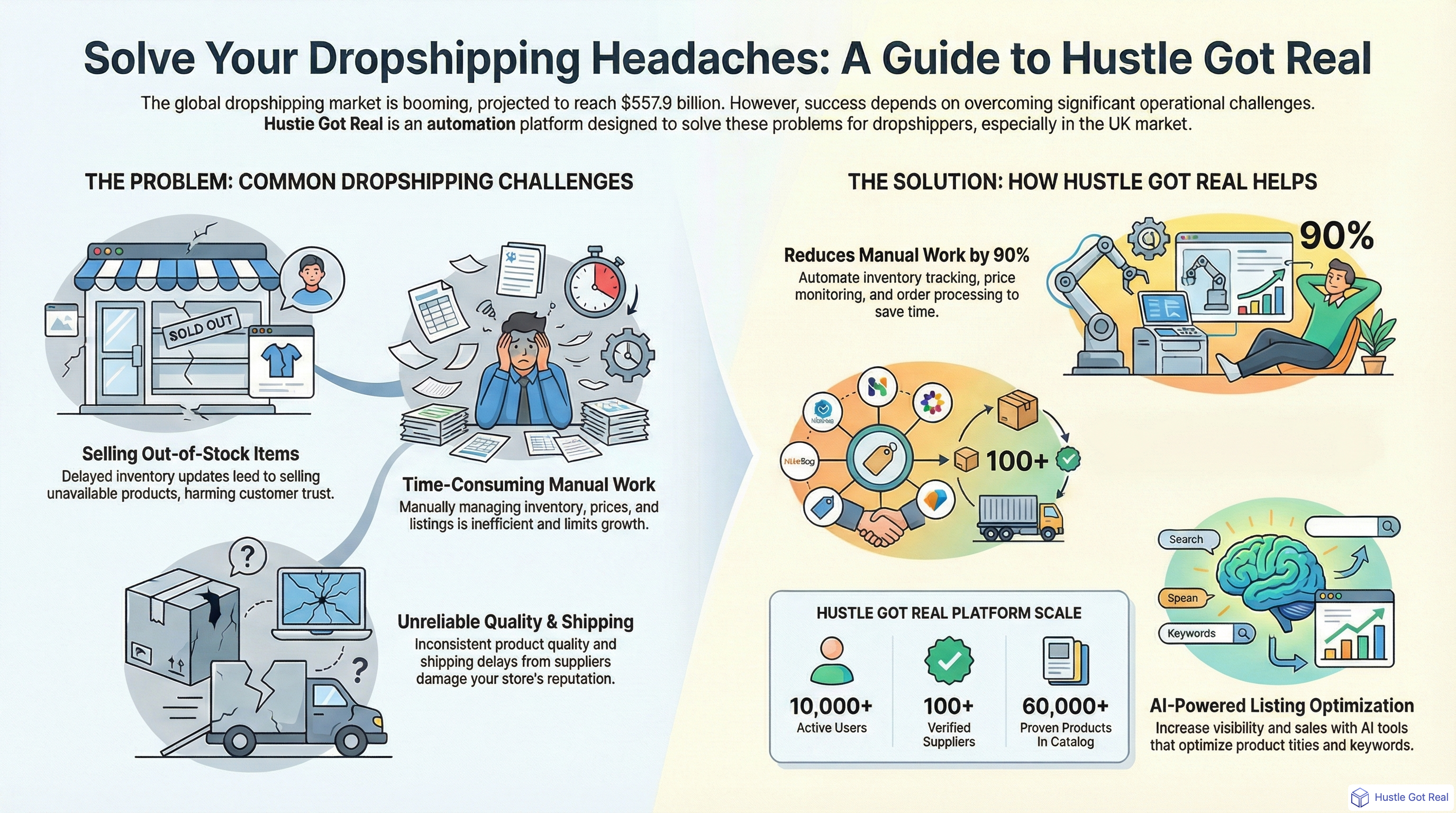 Hustle Gerçek Yazılım İncelemesi 2025'te: Birleşik Krallık'taki En İyi Dropshipping Otomasyon Aracı infographic